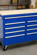 46-inch heavy-duty tool workbench with drawers
Mobile storage cabinet with wood top and wheels
Rolling tool bench in orange and black
Garage workbench with 9 locking drawers