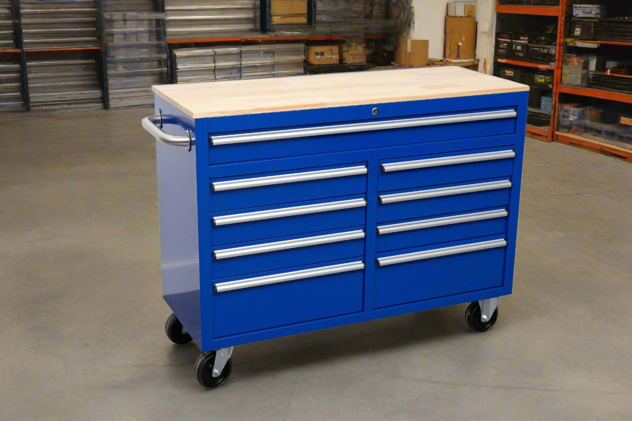 46-inch heavy-duty tool workbench with drawers
Mobile storage cabinet with wood top and wheels
Rolling tool bench in orange and black
Garage workbench with 9 locking drawers