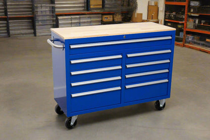 46-inch heavy-duty tool workbench with drawers
Mobile storage cabinet with wood top and wheels
Rolling tool bench in orange and black
Garage workbench with 9 locking drawers