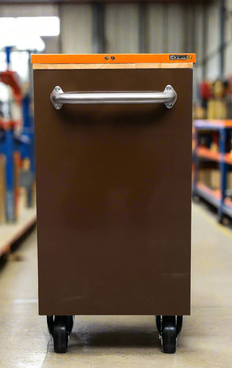 46-inch heavy-duty tool workbench with drawers
Mobile storage cabinet with wood top and wheels
Rolling tool bench in orange and black
Garage workbench with 9 locking drawers