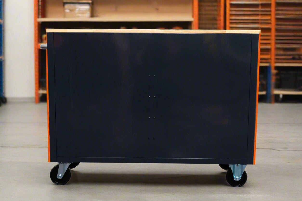 46-inch heavy-duty tool workbench with drawers
Mobile storage cabinet with wood top and wheels
Rolling tool bench in orange and black
Garage workbench with 9 locking drawers