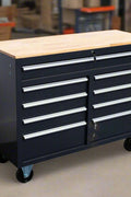 46-inch heavy-duty tool workbench with drawers
Mobile storage cabinet with wood top and wheels
Rolling tool bench in orange and black
Garage workbench with 9 locking drawers
