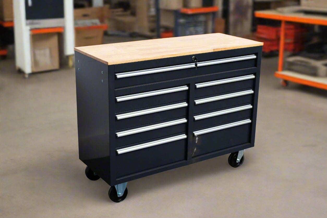 46-inch heavy-duty tool workbench with drawers
Mobile storage cabinet with wood top and wheels
Rolling tool bench in orange and black
Garage workbench with 9 locking drawers