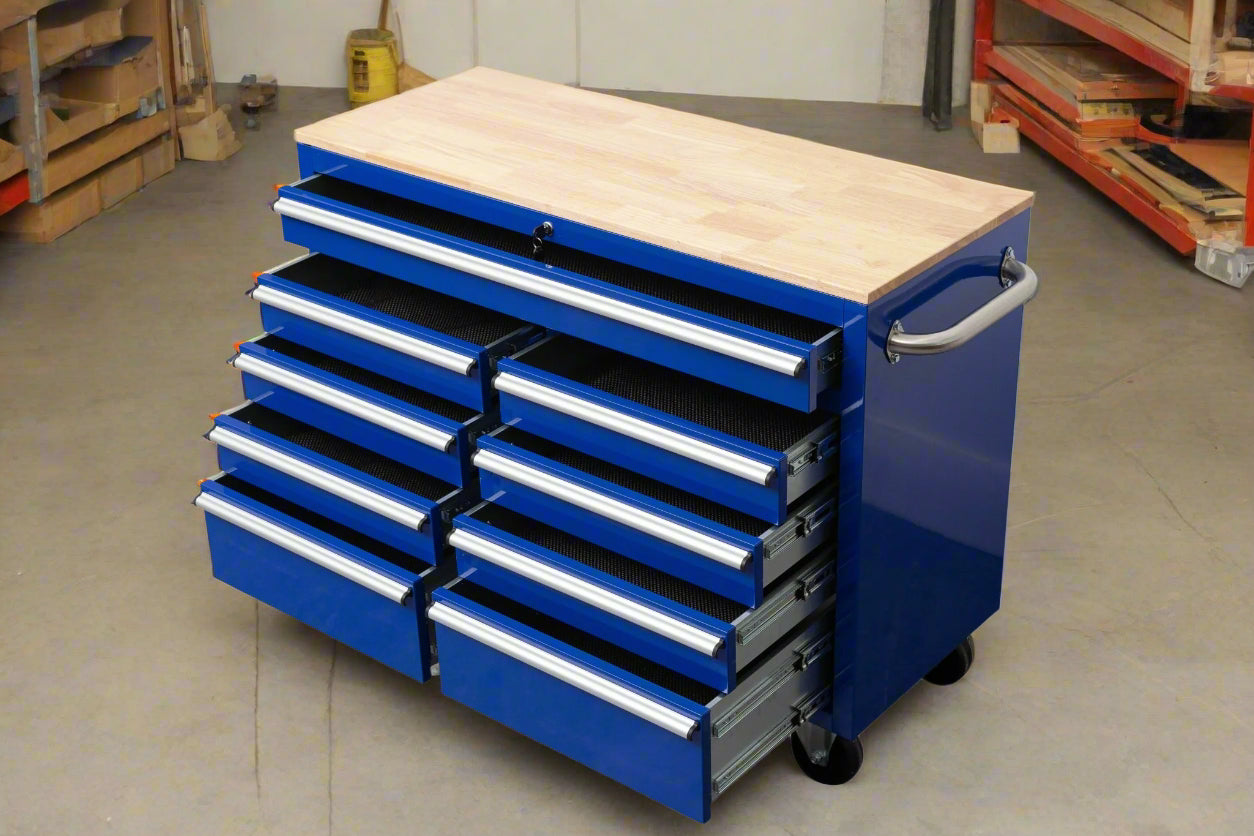 46-inch heavy-duty tool workbench with drawers
Mobile storage cabinet with wood top and wheels
Rolling tool bench in orange and black
Garage workbench with 9 locking drawers