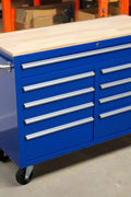 46-inch heavy-duty tool workbench with drawers
Mobile storage cabinet with wood top and wheels
Rolling tool bench in orange and black
Garage workbench with 9 locking drawers