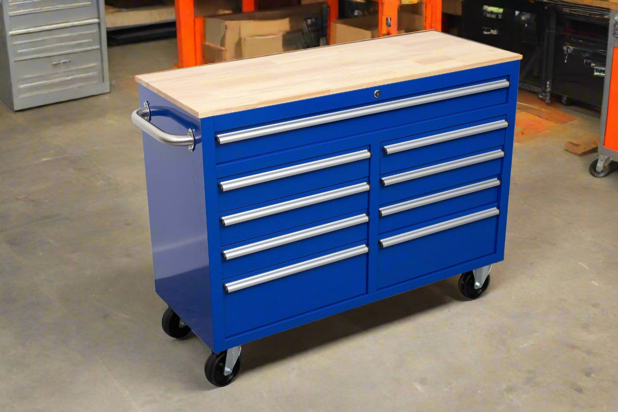 46-inch heavy-duty tool workbench with drawers
Mobile storage cabinet with wood top and wheels
Rolling tool bench in orange and black
Garage workbench with 9 locking drawers