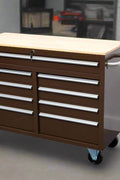 46-inch heavy-duty tool workbench with drawers
Mobile storage cabinet with wood top and wheels
Rolling tool bench in orange and black
Garage workbench with 9 locking drawers