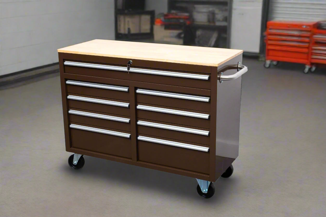 46-inch heavy-duty tool workbench with drawers
Mobile storage cabinet with wood top and wheels
Rolling tool bench in orange and black
Garage workbench with 9 locking drawers