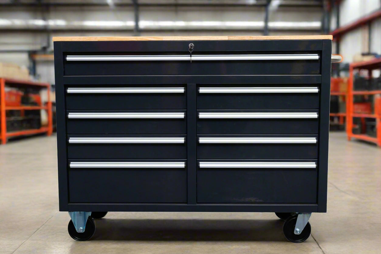 46-inch heavy-duty tool workbench with drawers
Mobile storage cabinet with wood top and wheels
Rolling tool bench in orange and black
Garage workbench with 9 locking drawers