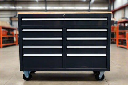 46-inch heavy-duty tool workbench with drawers
Mobile storage cabinet with wood top and wheels
Rolling tool bench in orange and black
Garage workbench with 9 locking drawers