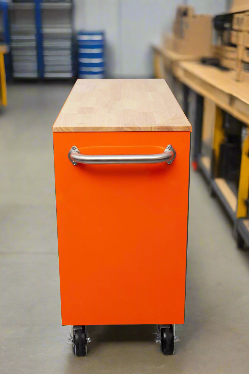 46-inch heavy-duty tool workbench with drawers
Mobile storage cabinet with wood top and wheels
Rolling tool bench in orange and black
Garage workbench with 9 locking drawers