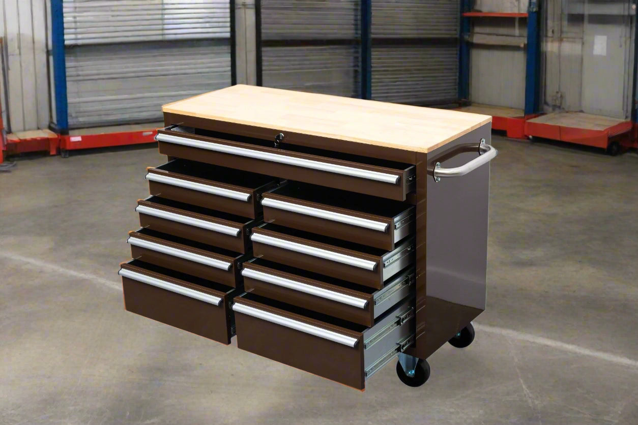 46-inch heavy-duty tool workbench with drawers
Mobile storage cabinet with wood top and wheels
Rolling tool bench in orange and black
Garage workbench with 9 locking drawers