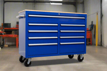 46-inch heavy-duty tool workbench with drawers
Mobile storage cabinet with wood top and wheels
Rolling tool bench in orange and black
Garage workbench with 9 locking drawers