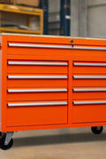 46-inch heavy-duty tool workbench with drawers
Mobile storage cabinet with wood top and wheels
Rolling tool bench in orange and black
Garage workbench with 9 locking drawers