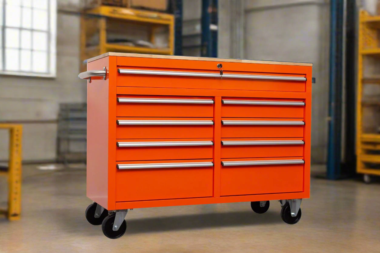 46-inch heavy-duty tool workbench with drawers
Mobile storage cabinet with wood top and wheels
Rolling tool bench in orange and black
Garage workbench with 9 locking drawers