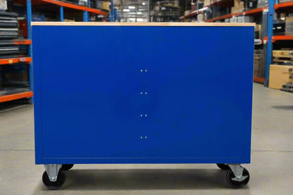 46-inch heavy-duty tool workbench with drawers
Mobile storage cabinet with wood top and wheels
Rolling tool bench in orange and black
Garage workbench with 9 locking drawers