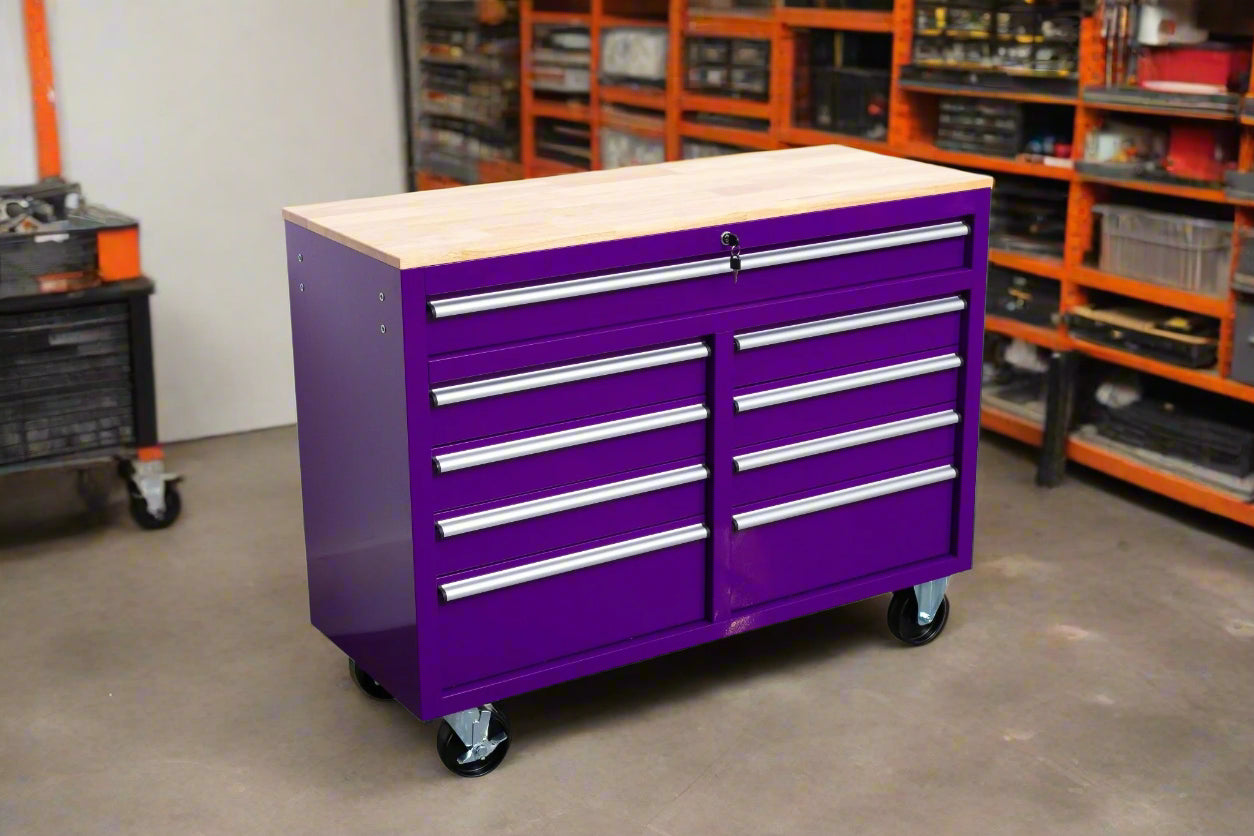 46-inch heavy-duty tool workbench with drawers
Mobile storage cabinet with wood top and wheels
Rolling tool bench in orange and black
Garage workbench with 9 locking drawers