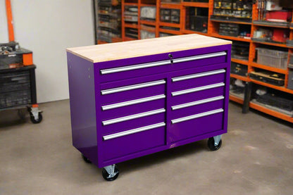 46-inch heavy-duty tool workbench with drawers
Mobile storage cabinet with wood top and wheels
Rolling tool bench in orange and black
Garage workbench with 9 locking drawers