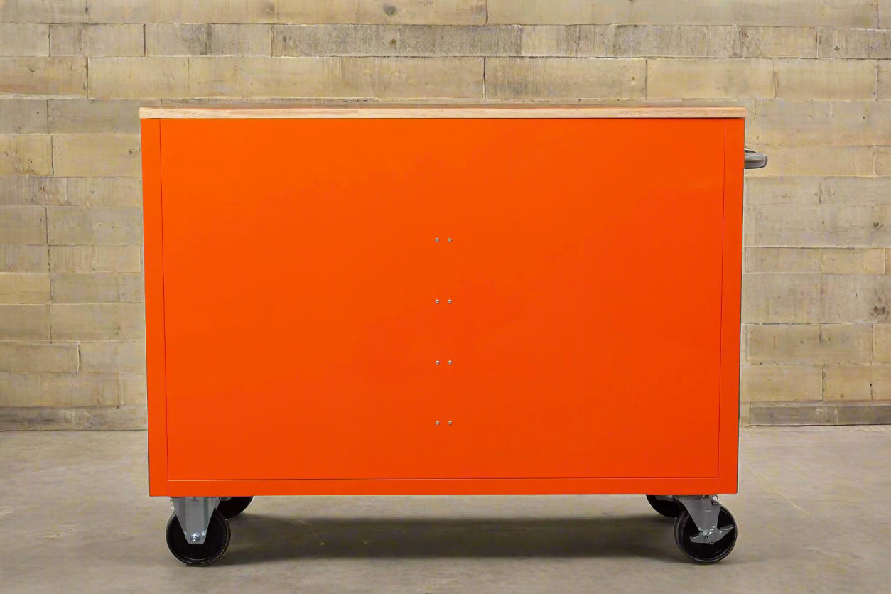 46-inch heavy-duty tool workbench with drawers
Mobile storage cabinet with wood top and wheels
Rolling tool bench in orange and black
Garage workbench with 9 locking drawers