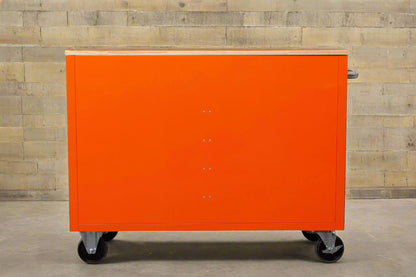 46-inch heavy-duty tool workbench with drawers
Mobile storage cabinet with wood top and wheels
Rolling tool bench in orange and black
Garage workbench with 9 locking drawers