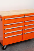 46-inch heavy-duty tool workbench with drawers
Mobile storage cabinet with wood top and wheels
Rolling tool bench in orange and black
Garage workbench with 9 locking drawers