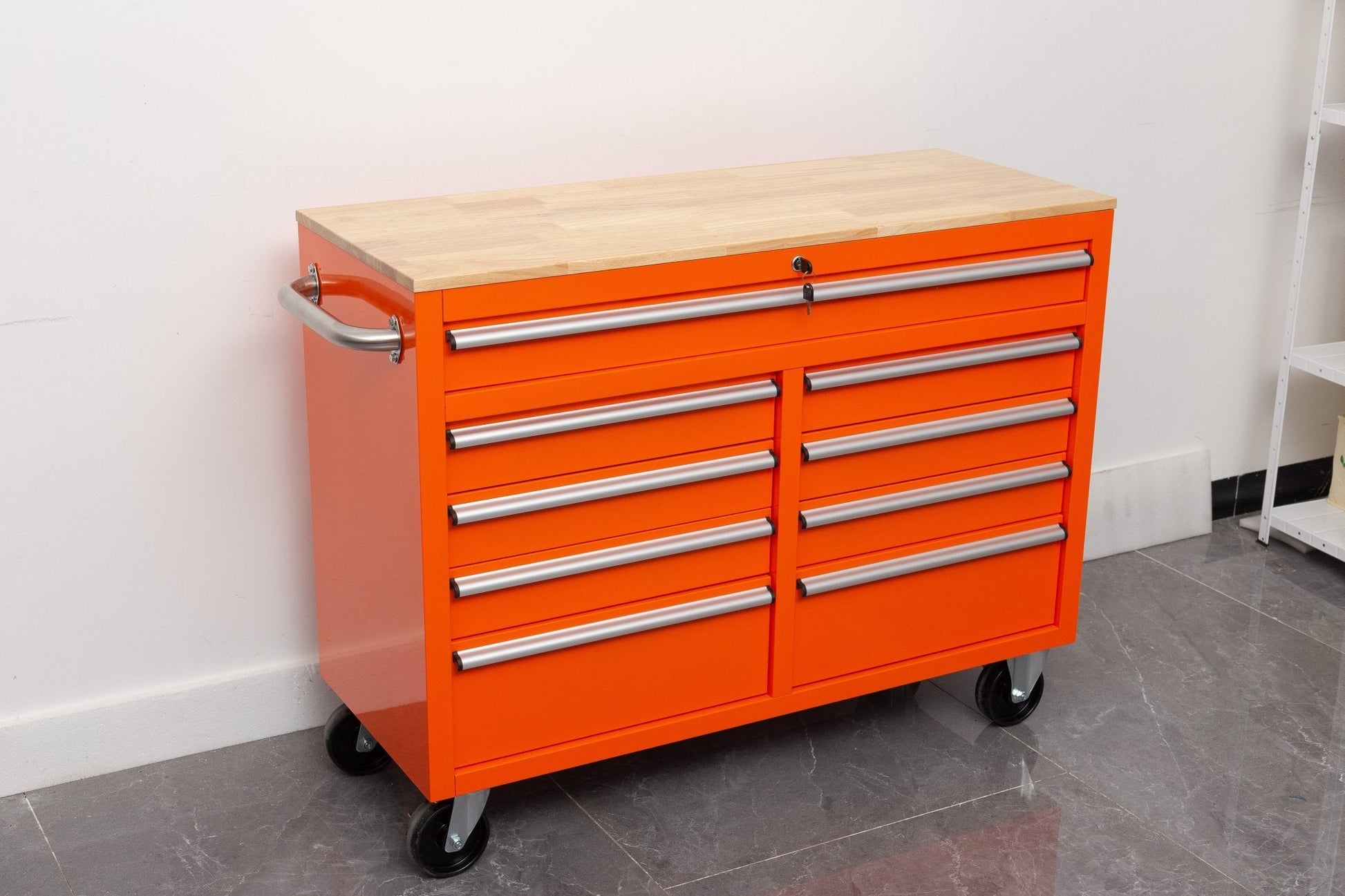 46-inch heavy-duty tool workbench with drawers
Mobile storage cabinet with wood top and wheels
Rolling tool bench in orange and black
Garage workbench with 9 locking drawers