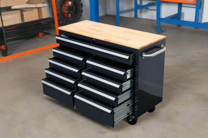 46-inch heavy-duty tool workbench with drawers
Mobile storage cabinet with wood top and wheels
Rolling tool bench in orange and black
Garage workbench with 9 locking drawers