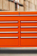 46-inch heavy-duty tool workbench with drawers
Mobile storage cabinet with wood top and wheels
Rolling tool bench in orange and black
Garage workbench with 9 locking drawers