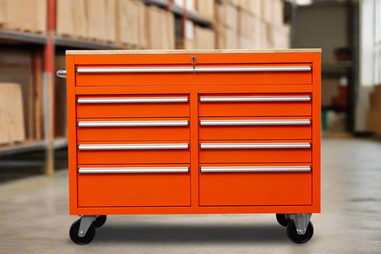 46-inch heavy-duty tool workbench with drawers
Mobile storage cabinet with wood top and wheels
Rolling tool bench in orange and black
Garage workbench with 9 locking drawers