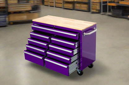 46-inch heavy-duty tool workbench with drawers
Mobile storage cabinet with wood top and wheels
Rolling tool bench in orange and black
Garage workbench with 9 locking drawers