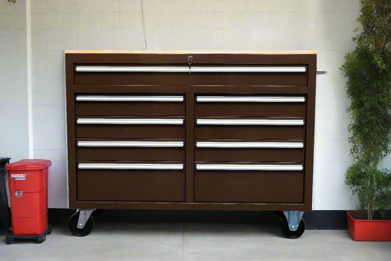 46-inch heavy-duty tool workbench with drawers
Mobile storage cabinet with wood top and wheels
Rolling tool bench in orange and black
Garage workbench with 9 locking drawers