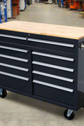 46-inch heavy-duty tool workbench with drawers
Mobile storage cabinet with wood top and wheels
Rolling tool bench in orange and black
Garage workbench with 9 locking drawers