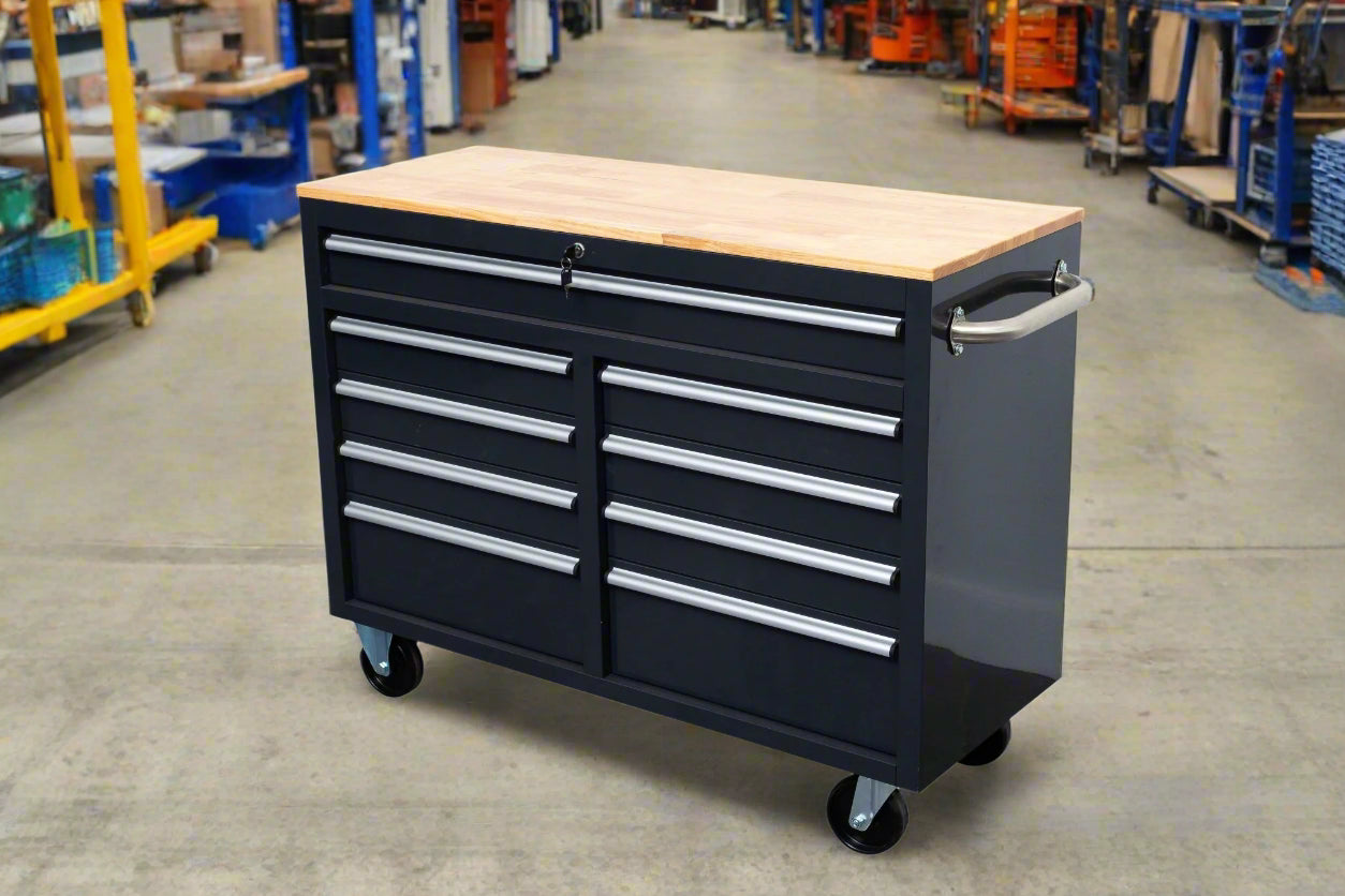 46-inch heavy-duty tool workbench with drawers
Mobile storage cabinet with wood top and wheels
Rolling tool bench in orange and black
Garage workbench with 9 locking drawers