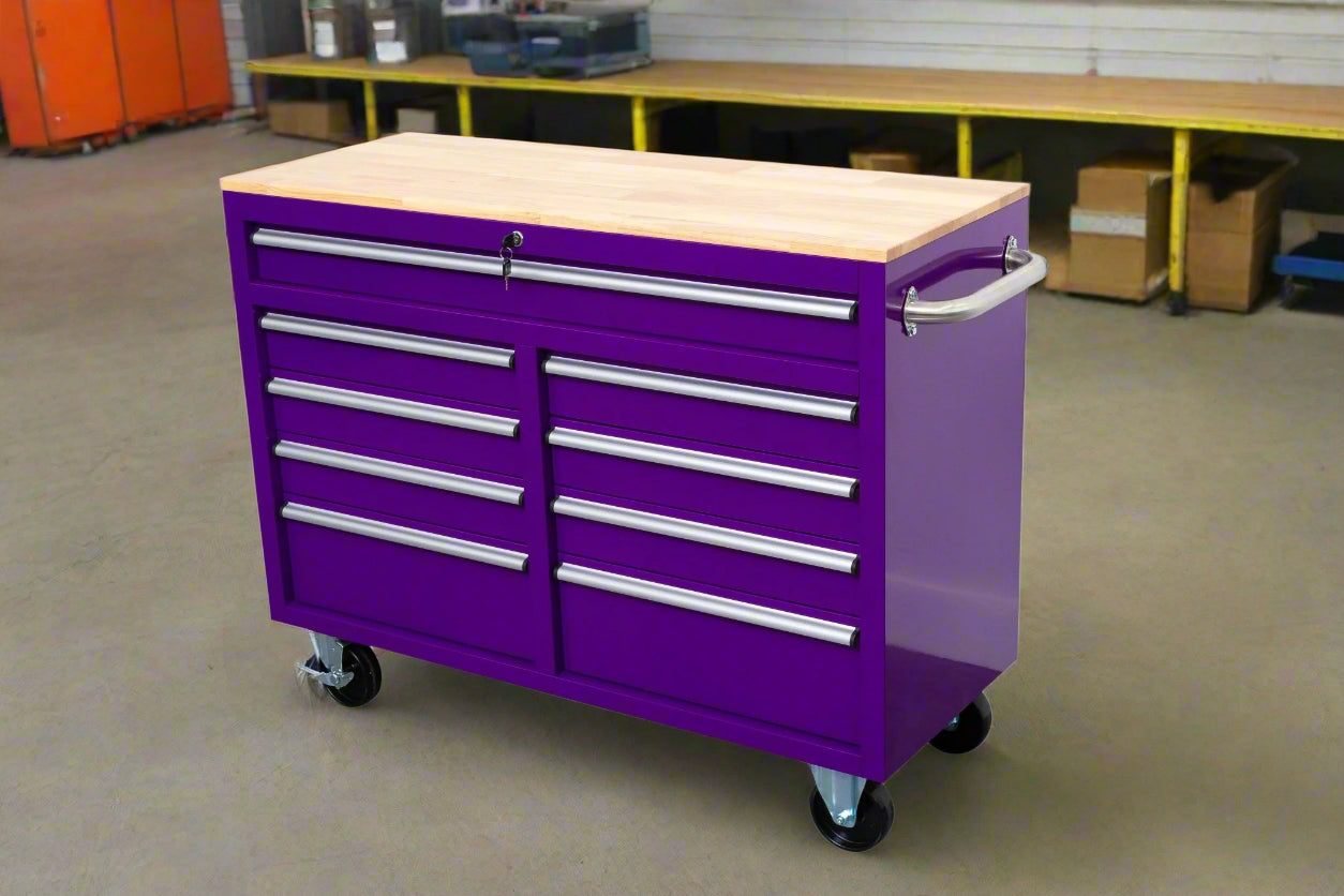 46-inch heavy-duty tool workbench with drawers
Mobile storage cabinet with wood top and wheels
Rolling tool bench in orange and black
Garage workbench with 9 locking drawers