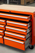 46-inch heavy-duty tool workbench with drawers
Mobile storage cabinet with wood top and wheels
Rolling tool bench in orange and black
Garage workbench with 9 locking drawers