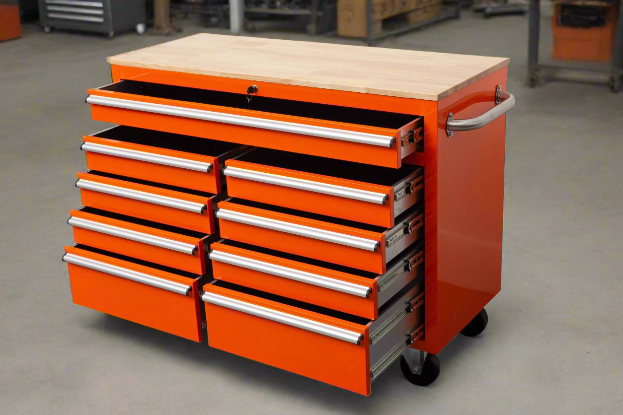 46-inch heavy-duty tool workbench with drawers
Mobile storage cabinet with wood top and wheels
Rolling tool bench in orange and black
Garage workbench with 9 locking drawers