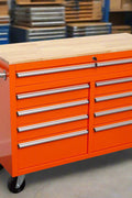46-inch heavy-duty tool workbench with drawers
Mobile storage cabinet with wood top and wheels
Rolling tool bench in orange and black
Garage workbench with 9 locking drawers