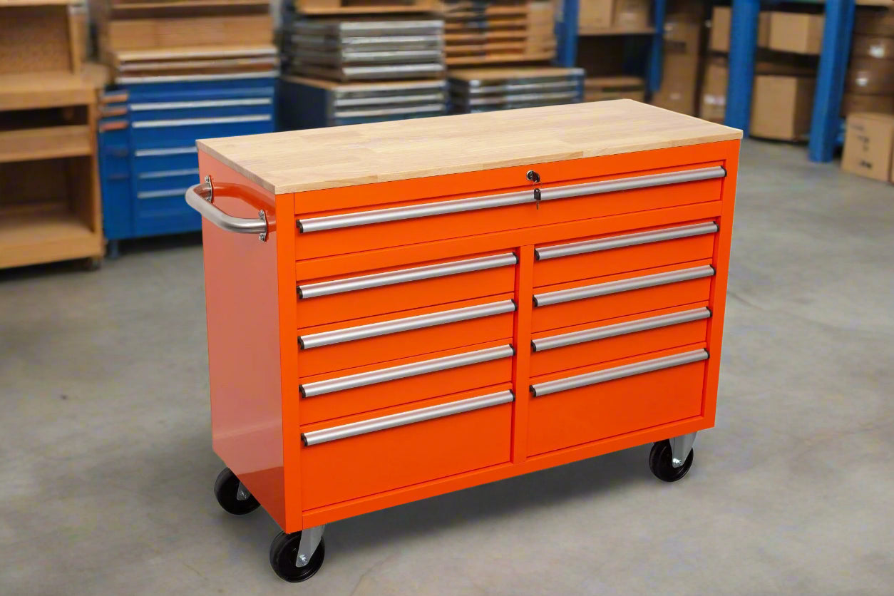 46-inch heavy-duty tool workbench with drawers
Mobile storage cabinet with wood top and wheels
Rolling tool bench in orange and black
Garage workbench with 9 locking drawers