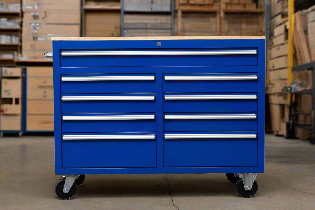 46-inch heavy-duty tool workbench with drawers
Mobile storage cabinet with wood top and wheels
Rolling tool bench in orange and black
Garage workbench with 9 locking drawers