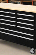 46-inch heavy-duty tool workbench with drawers
Mobile storage cabinet with wood top and wheels
Rolling tool bench in orange and black
Garage workbench with 9 locking drawers