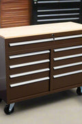 46-inch heavy-duty tool workbench with drawers
Mobile storage cabinet with wood top and wheels
Rolling tool bench in orange and black
Garage workbench with 9 locking drawers