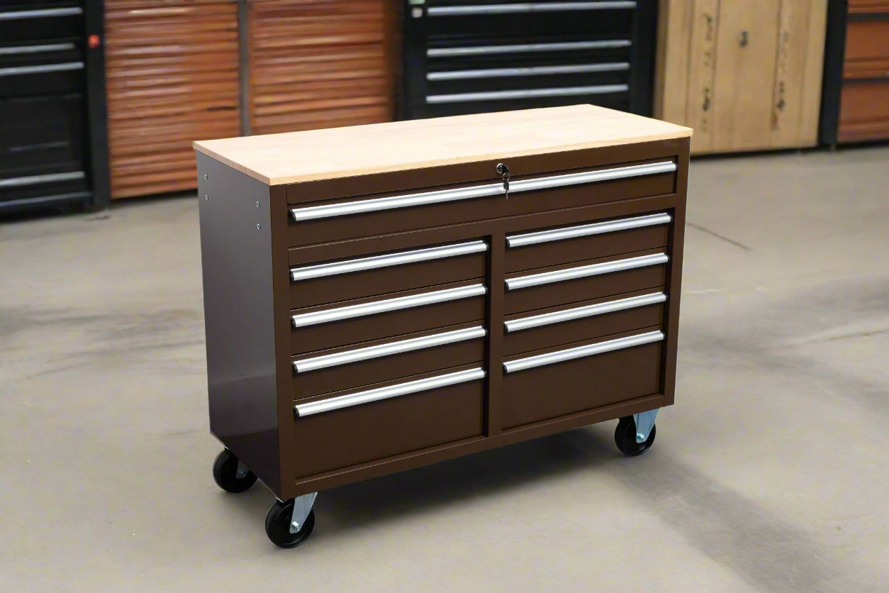 46-inch heavy-duty tool workbench with drawers
Mobile storage cabinet with wood top and wheels
Rolling tool bench in orange and black
Garage workbench with 9 locking drawers