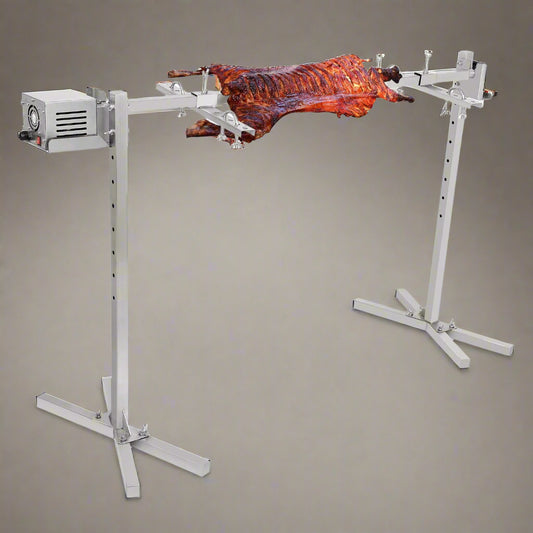 46-inch electric BBQ rotisserie kit with spit rod and motor
Stainless steel rotisserie spit for outdoor grilling
Heavy-duty BBQ rotisserie cooking whole pig
Electric motorized spit kit for roasting lamb and chicken
Complete BBQ rotisserie set with adjustable height and brackets
