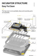 Disassembled view of incubator tray and base for cleaning and storage