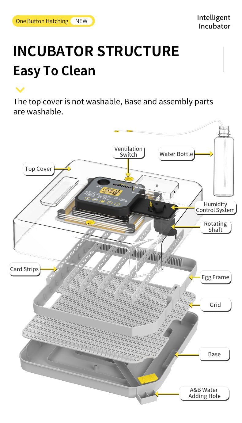 Disassembled view of incubator tray and base for cleaning and storage