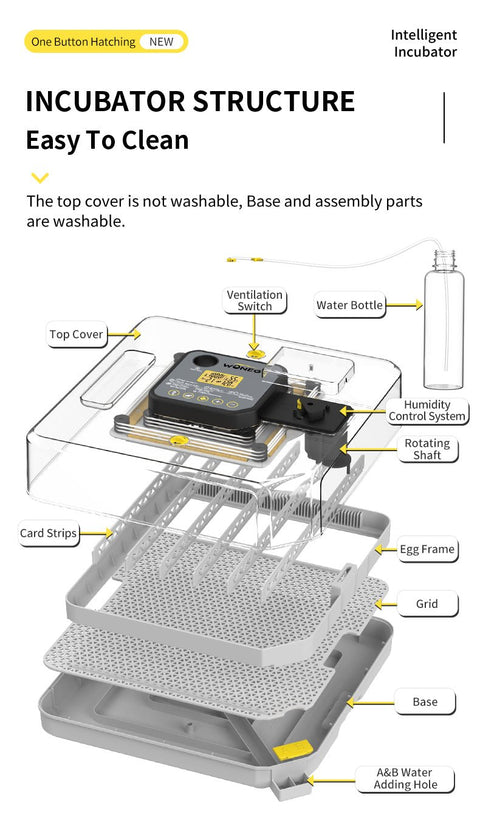 Disassembled view of incubator tray and base for cleaning and storage