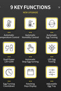 Infographic showing 9 smart functions of the automatic egg incubator