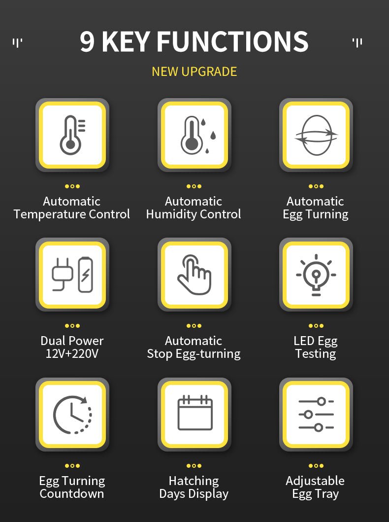 Infographic showing 9 smart functions of the automatic egg incubator