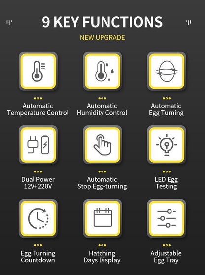 Infographic showing 9 smart functions of the automatic egg incubator