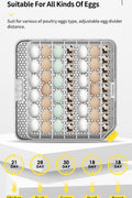 Egg tray showcasing compatibility with duck, chicken, quail, pigeon eggs